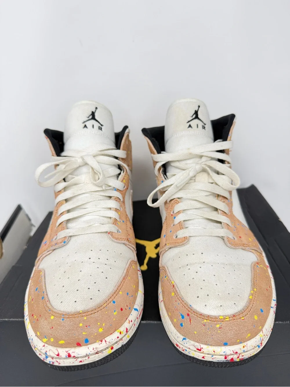 Air Jordan 1 Mid Canvas Paint-Splatter Sneakers - Beige & White